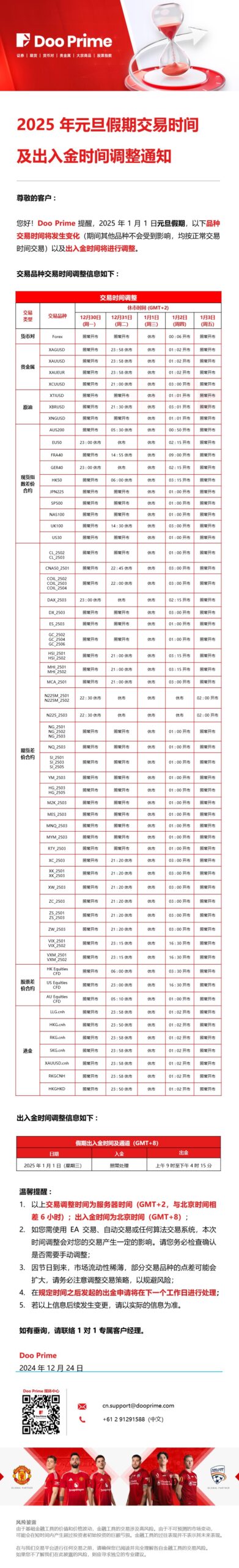 2025 年元旦假期交易时间​及出入金时间调整通知